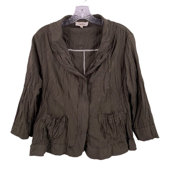 Lan Vie Olive Green Textured Zip-Front Lightweight Jacket Size Large Lagenlook - Picture 2 of 4